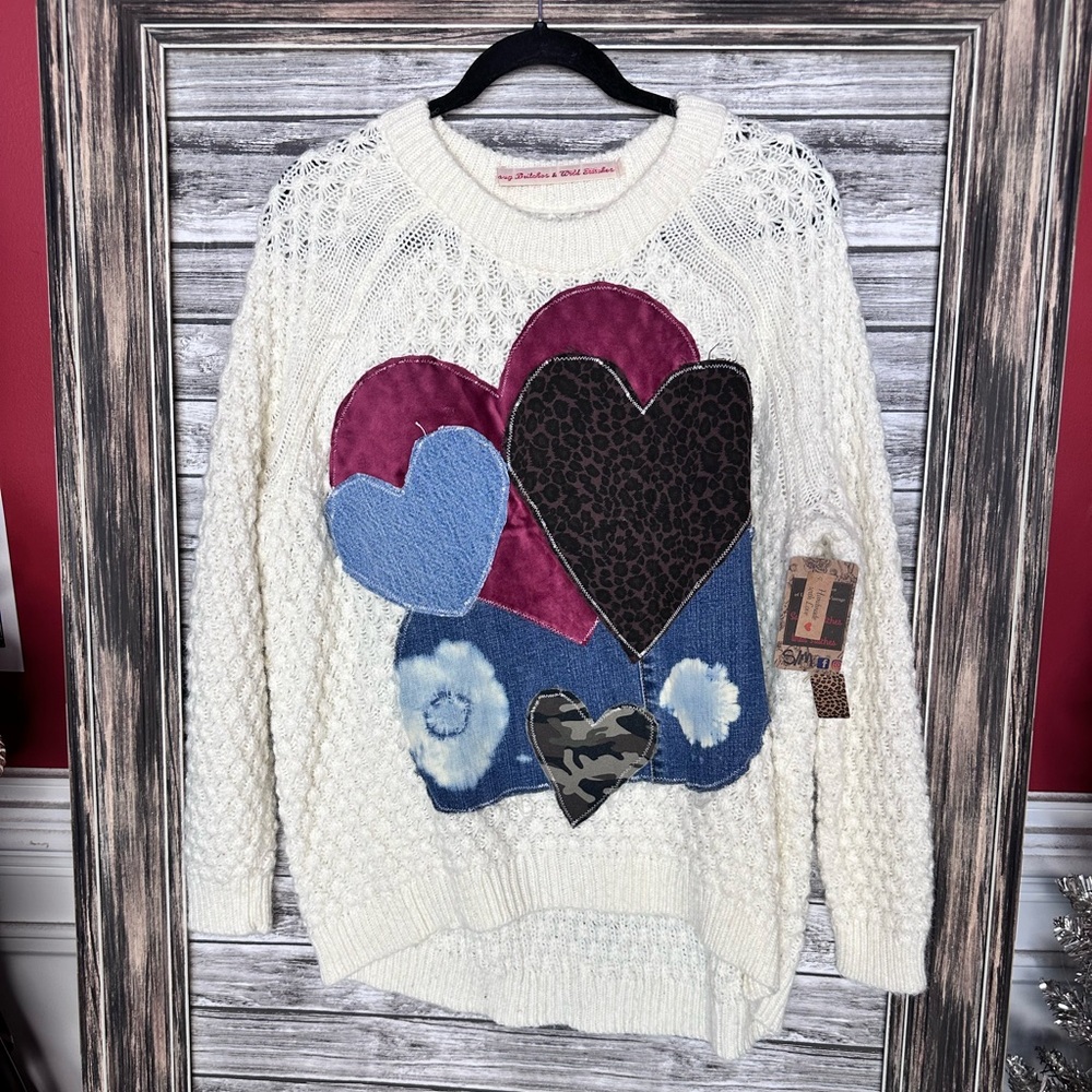 Women's UpCycled Recycled Handmade Beige Cream and Blue Cable knit Heart Sweater